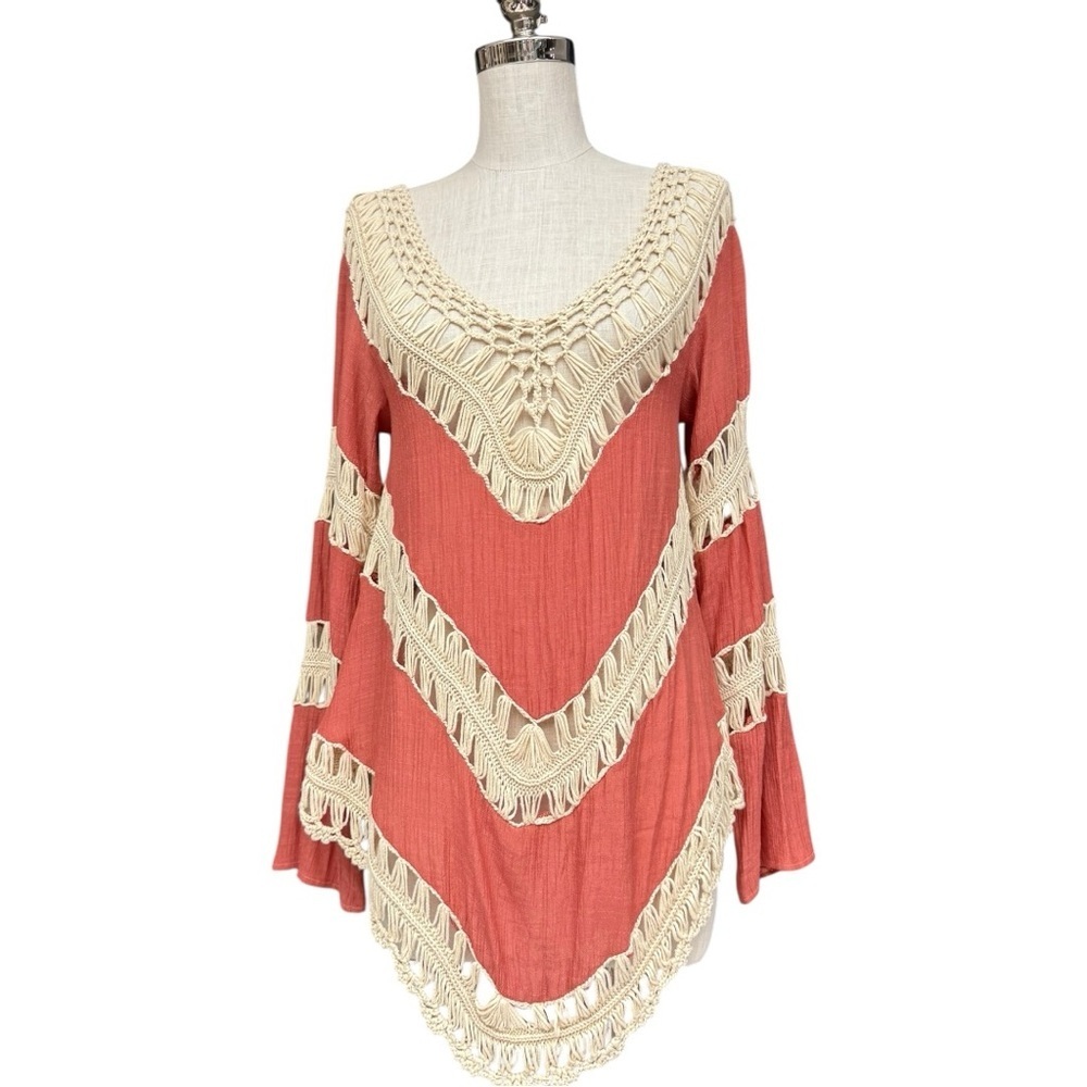 Umgee Rust & Cream Crochet Boho Flowy Tunic Top, Swim Coverup, Size Small - Picture 6 of 9